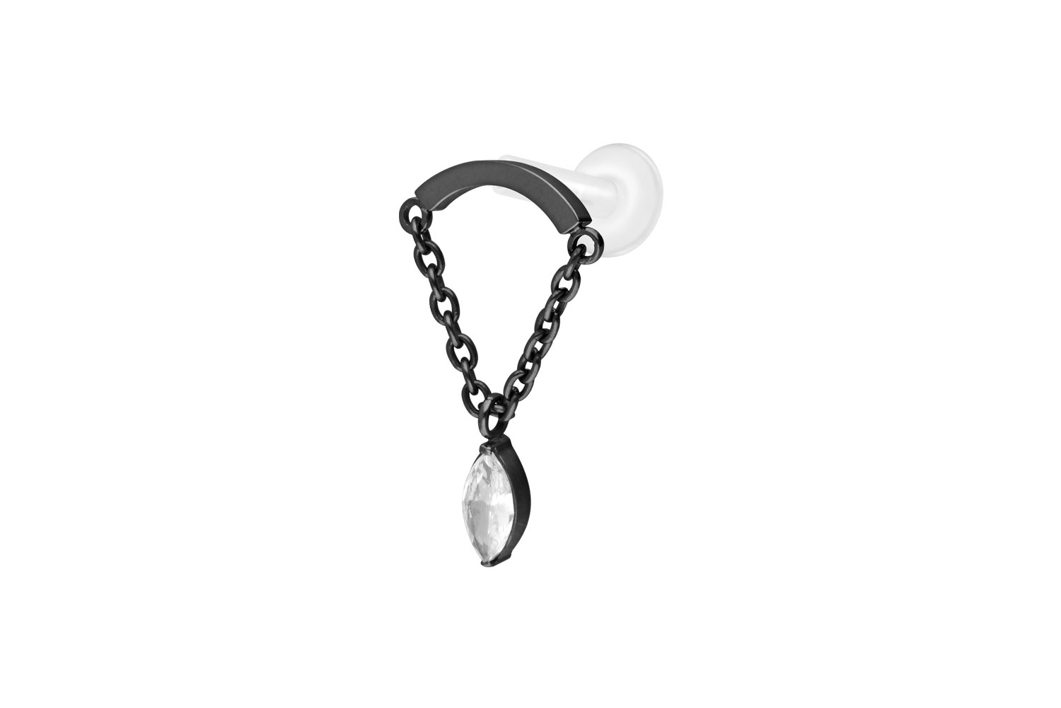 PTFE Labret Piercing mit Innengewinde + Titan-Aufsatz BOGEN + KETTE + KRISTALLTROPFEN